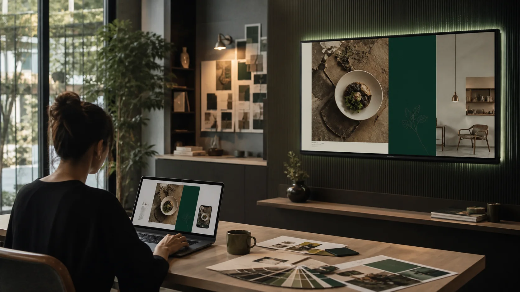 A designer preparing visual content while a finished business display appears on a wall-mounted screen