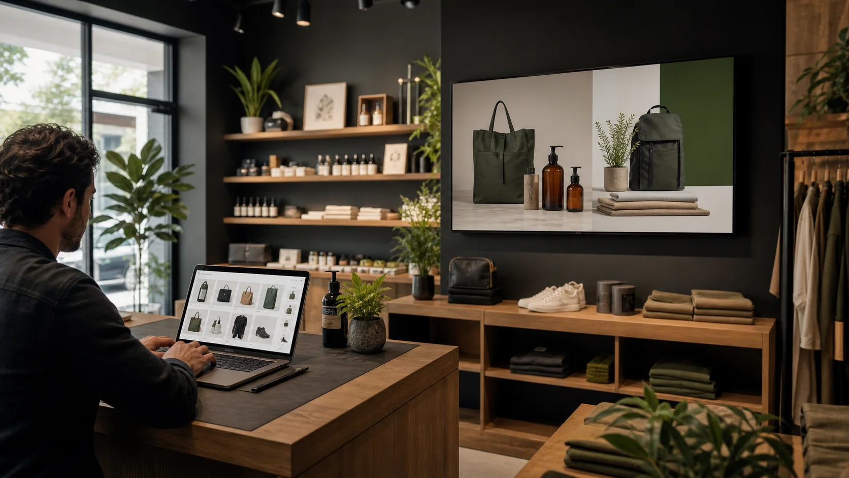 A merchant managing a product catalog while selected products appear on an in-store wall display