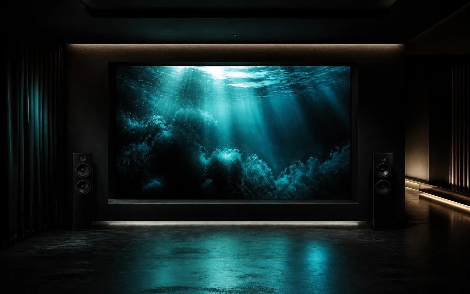 An underwater reef atmosphere glowing on a cinematic wall screen