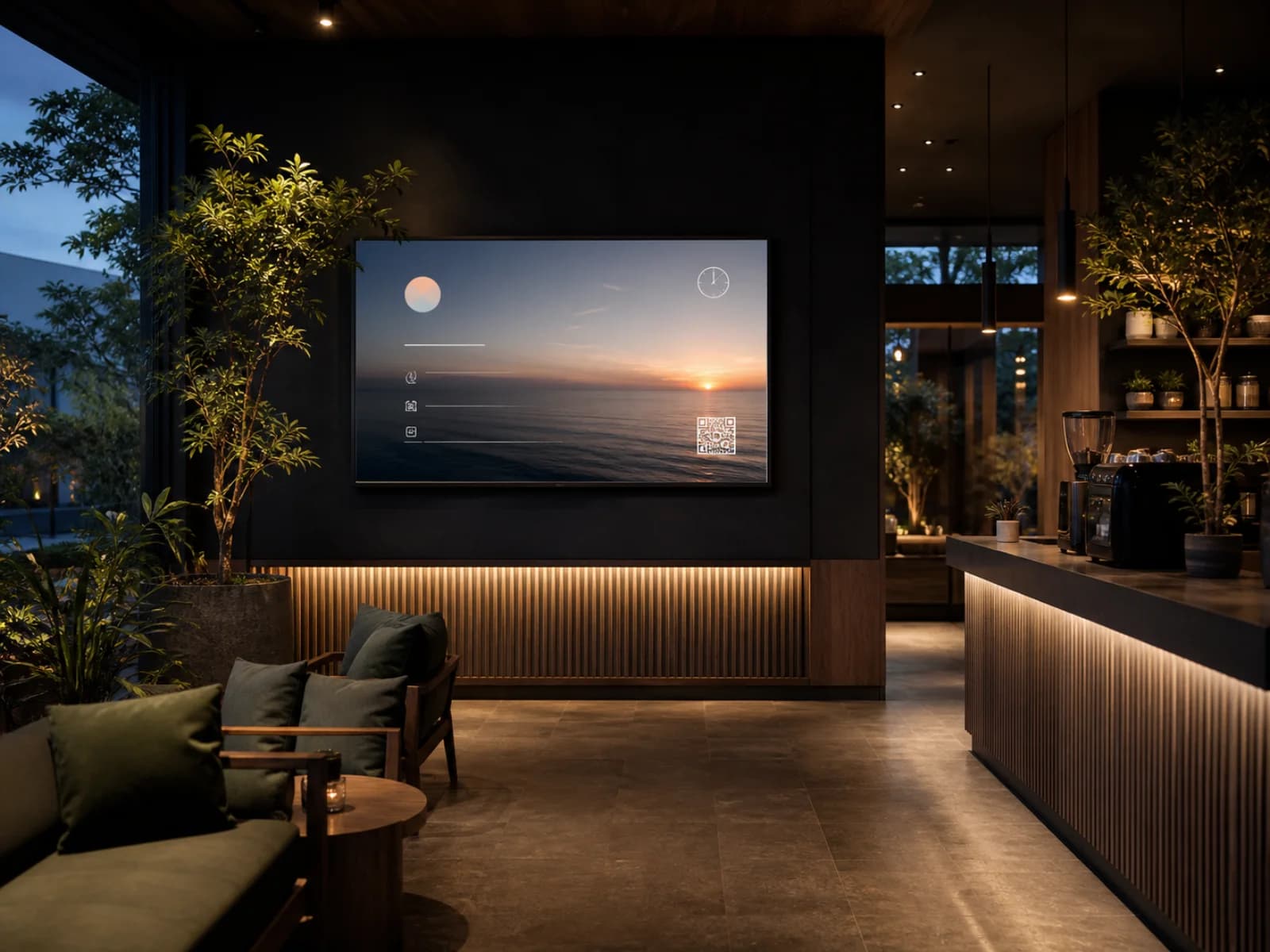 A calm branded Aurowall display inside a modern cafe