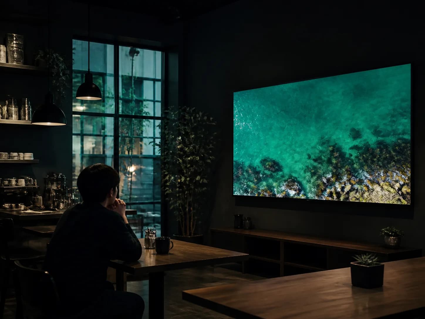 A gentle ocean atmosphere displayed on a large screen in a calm café