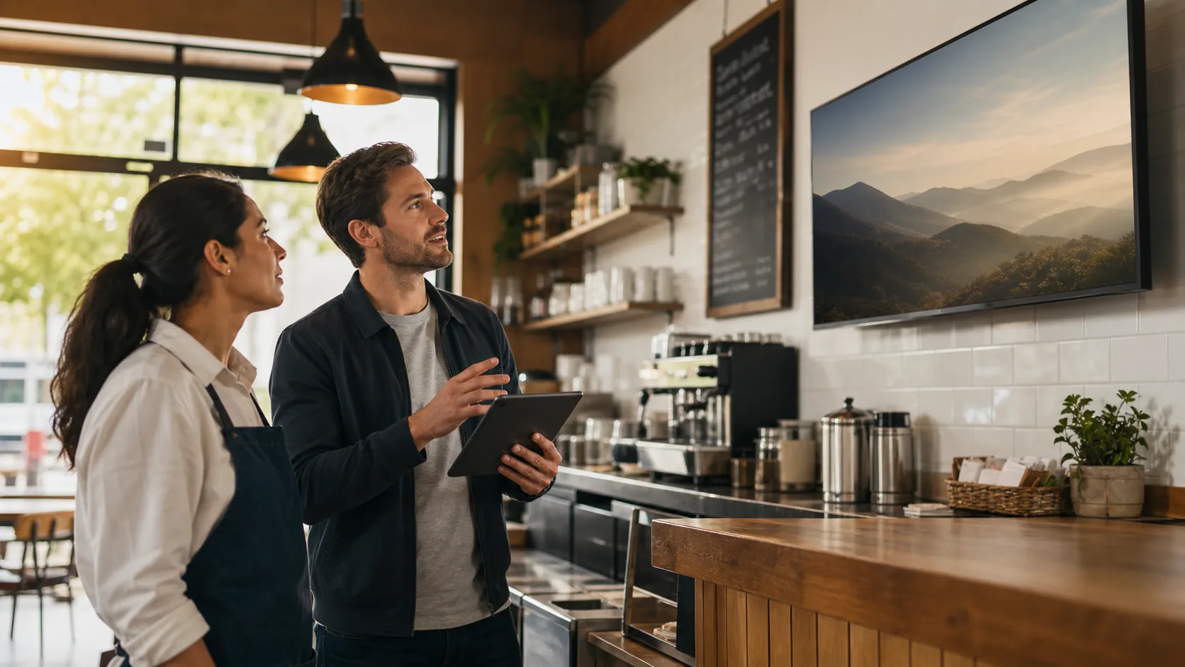 An Aurowall partner helping a café owner set up an ambient business display