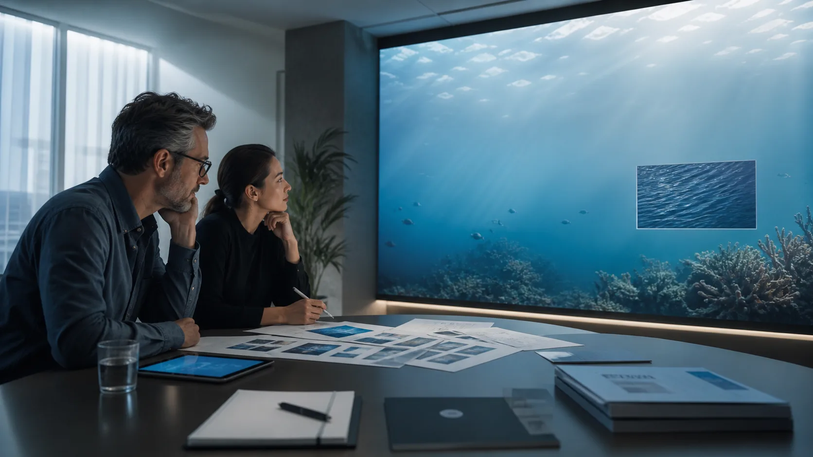 A brand team reviewing a tasteful advertisement placement inside an Aurowall room