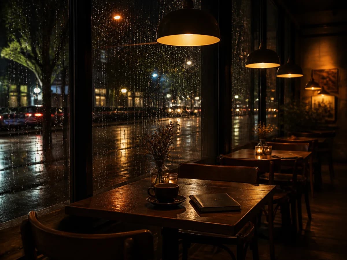 A warmly lit cafe beside rain-covered windows at night