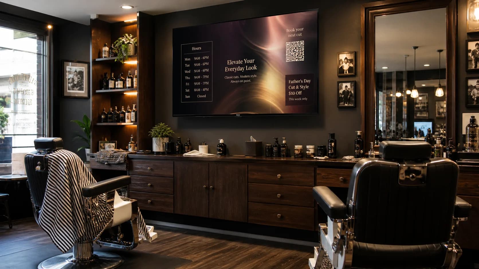Photorealistic concept of barbershops using an Aurowall business display