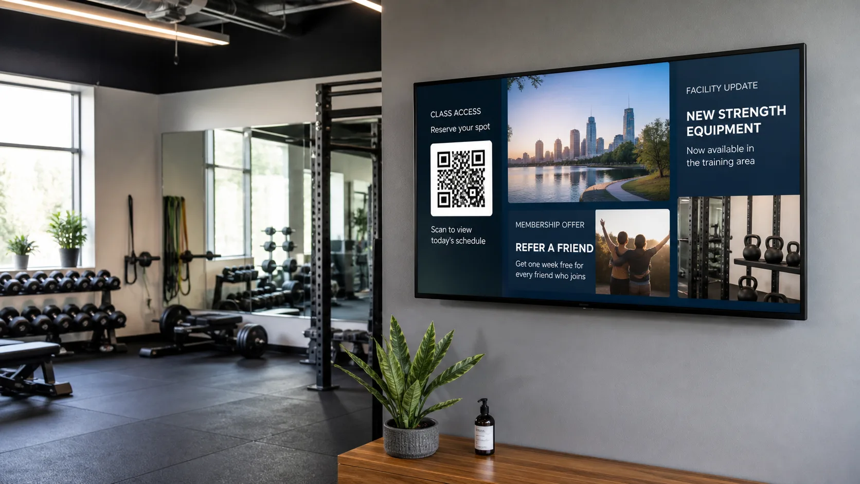 Photorealistic concept of gyms and fitness studios using an Aurowall business display