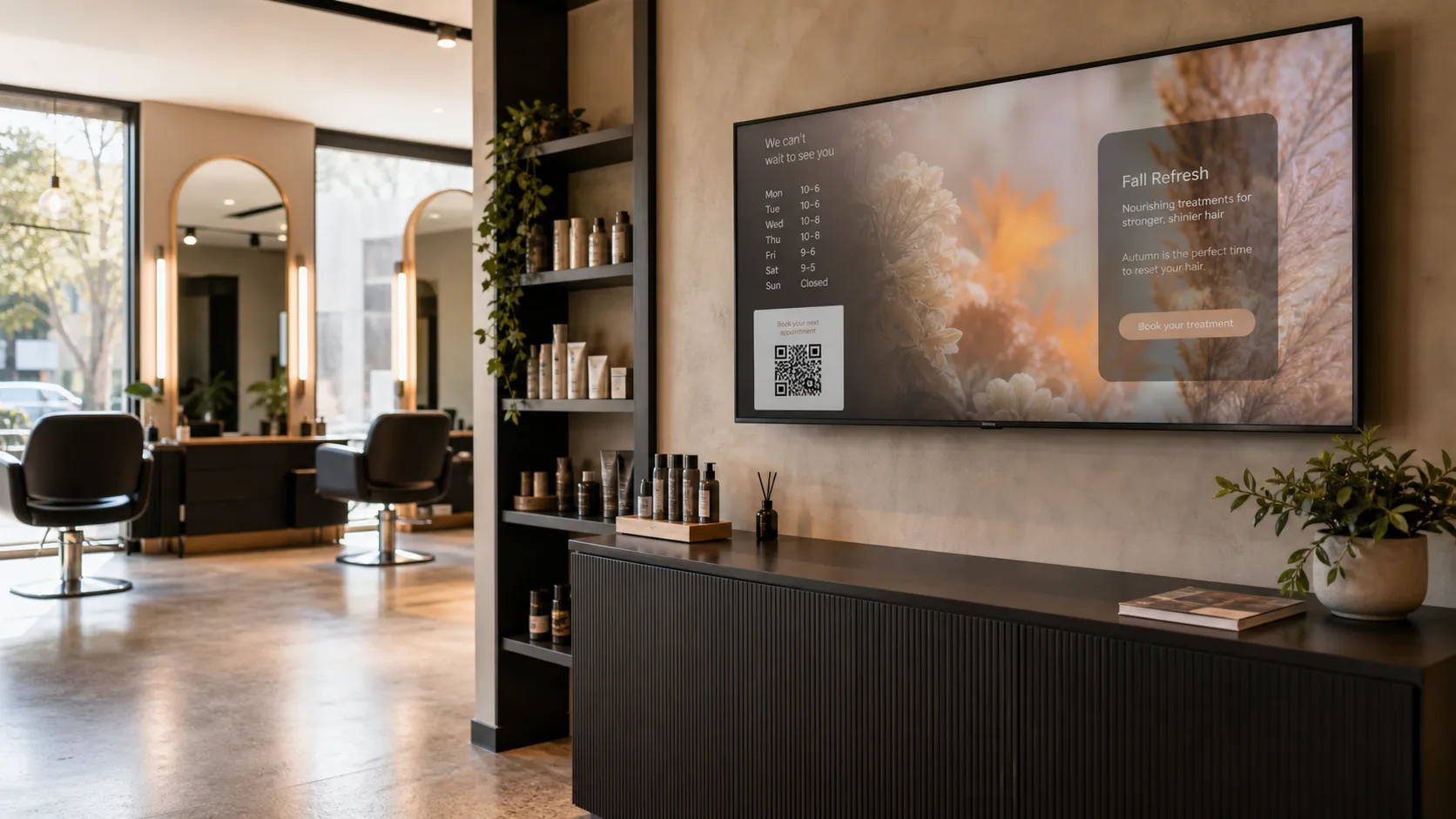 Photorealistic concept of hair salons using an Aurowall business display