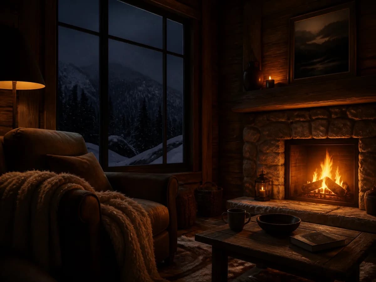 A quiet mountain cabin glowing beside a stone fireplace